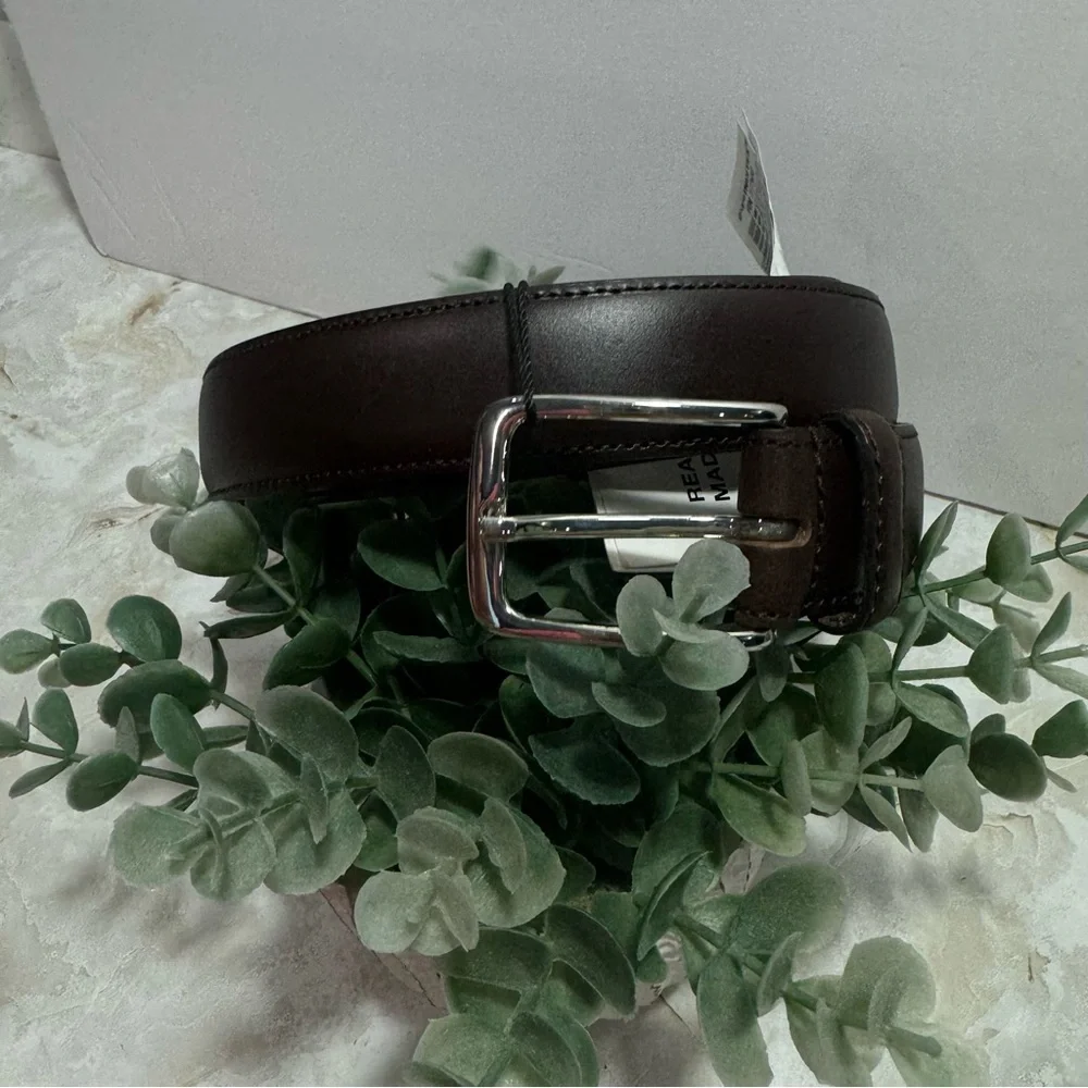 NWT Zara‎ Men’s Basic Leather Belt Brown Silver Buckle Minimalist Preppy Casual